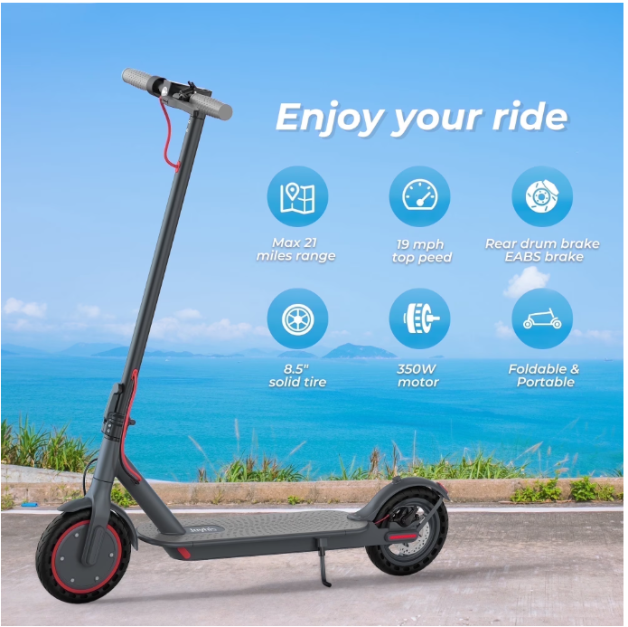 8.5" Solid Tires Electric Scooter , 350W Motor, Up to 19 MPH and 21-23 Miles Long-Range Portable Foldable Commuting Scooter for Adults with Double Braking System and App