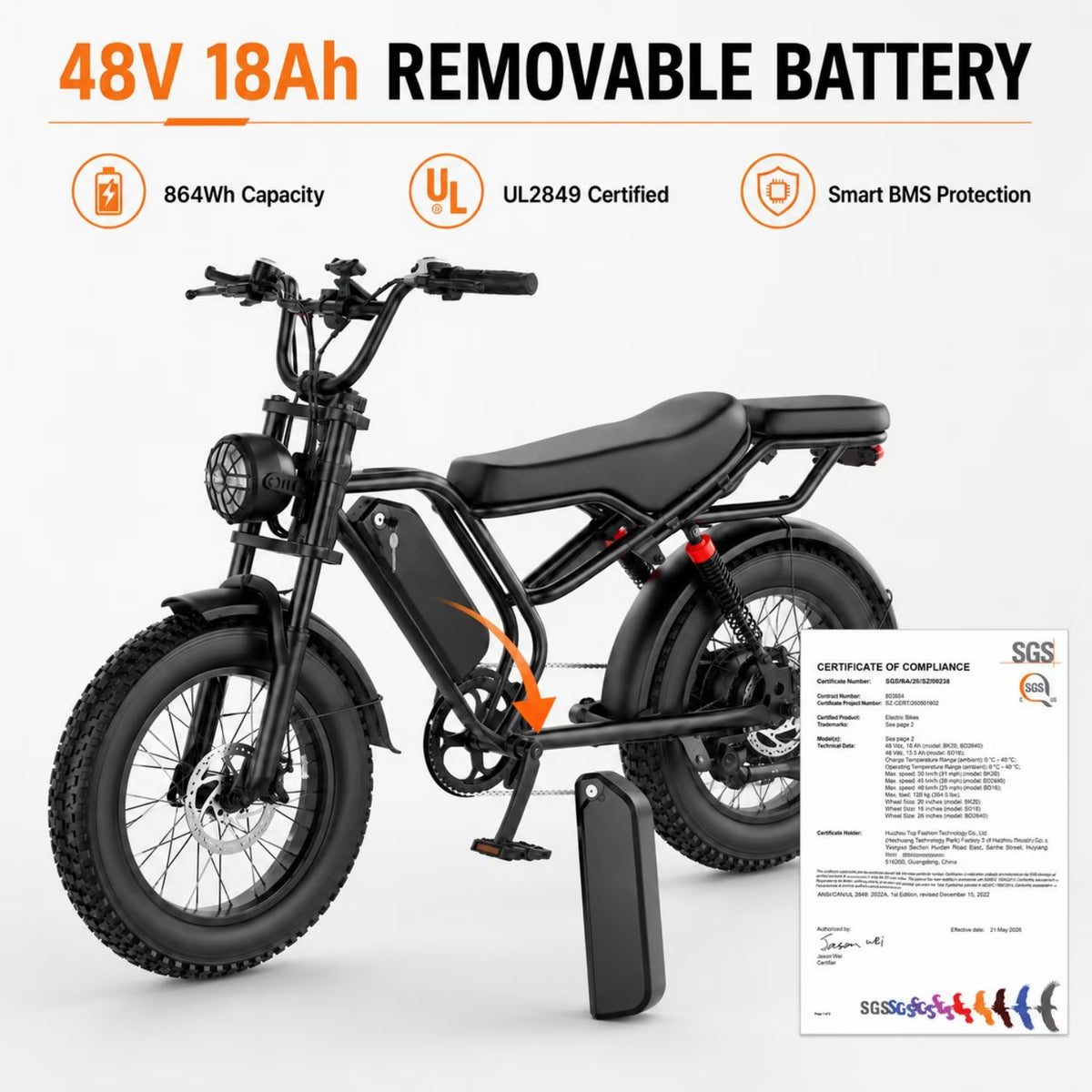 750W Electric Mountain Bike for Adults, 1500W Peak Motor, 20 MPH 20" x 4" Fat Tire E-Bike, 48V 18Ah Removable Battery, Up to 45 Miles, Full Suspension, 7-Speed, 2-Seater, UL2849 Certified