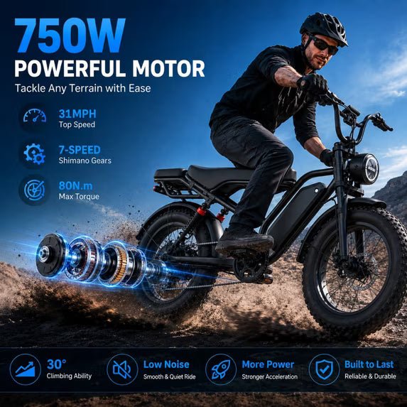 750W Electric Mountain Bike for Adults, 1500W Peak Motor, 20 MPH 20" x 4" Fat Tire E-Bike, 48V 18Ah Removable Battery, Up to 45 Miles, Full Suspension, 7-Speed, 2-Seater, UL2849 Certified