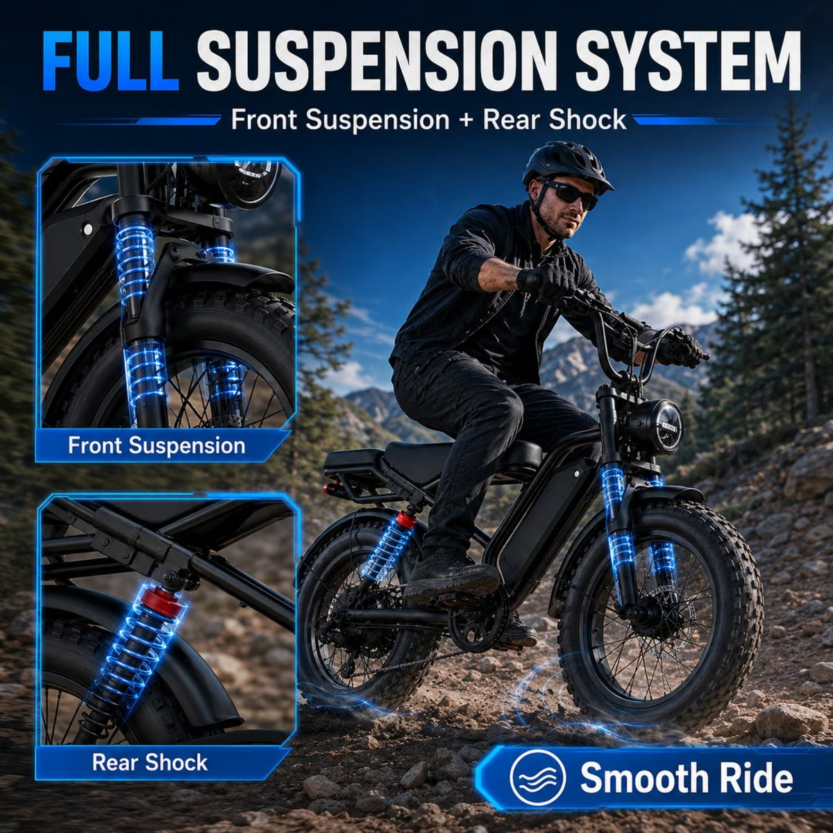 750W Electric Mountain Bike for Adults, 1500W Peak Motor, 20 MPH 20" x 4" Fat Tire E-Bike, 48V 18Ah Removable Battery, Up to 45 Miles, Full Suspension, 7-Speed, 2-Seater, UL2849 Certified